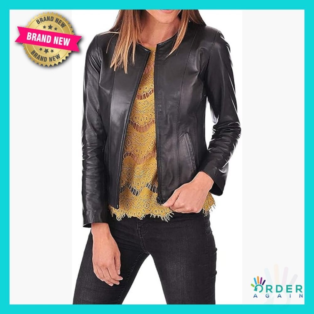 Leather Jacket Slim Fit Collarless Deep Neck Moto Biker Chic Casual Wear